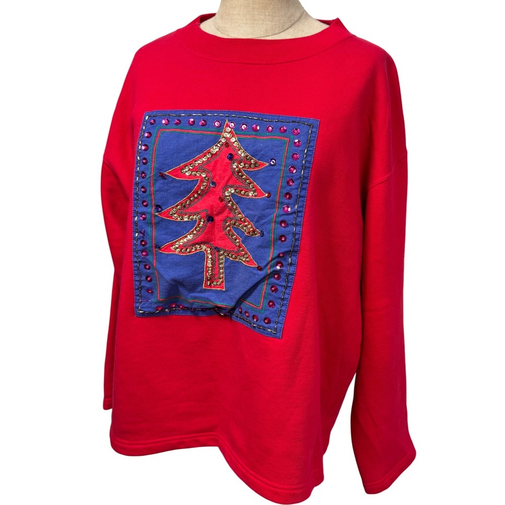 VTG Red Ugly‎ Christmas Sweatshirt Tree Sequin Patchwork Women L Festive Granny